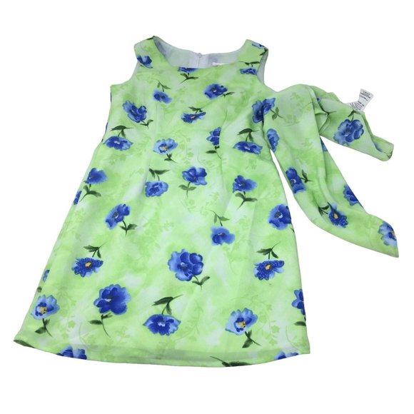 My Michelle Dress with Matching Scarf- Size 7 Juniors- Green with Blue Flowers - Picture 1 of 11